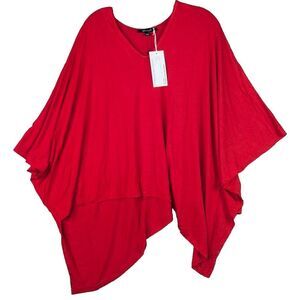 Yanak Poncho Top Red Double Edge V-Neck Rayon Lagenlook Stretch Women's One Size